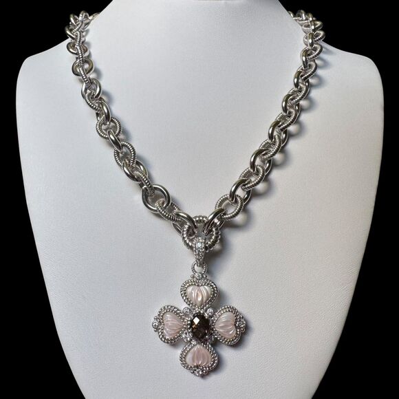 Judith Ripka 925 Silver Pink MOP Heart + CZ Maltese Cross Pendant Chain Necklace - Picture 3 of 17